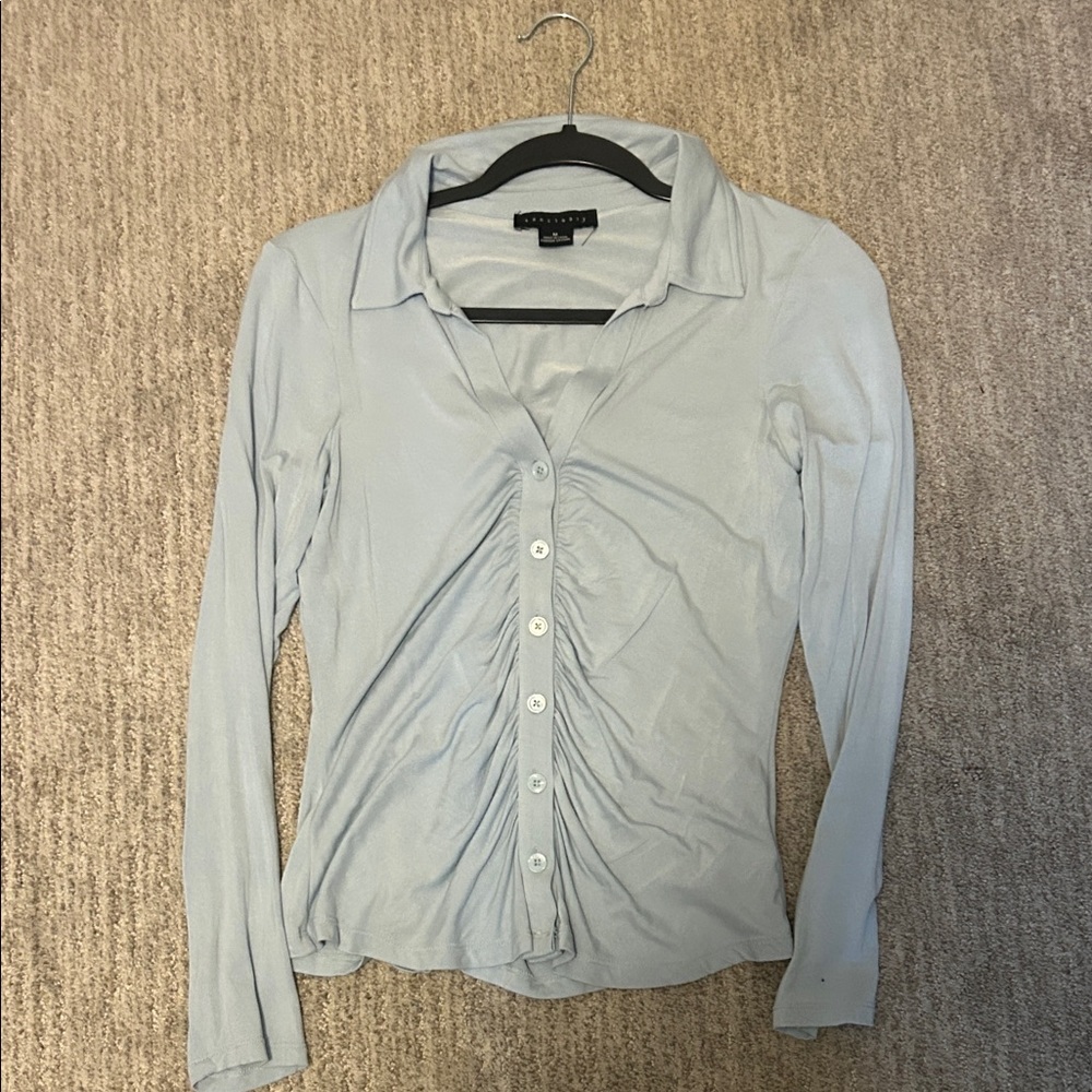 Sanctuary Dreamgirl, Knit, Button front, Ruched top in Light Blue.